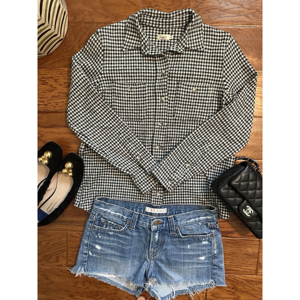 Faherty Brand Womens XS Black White Gingham Houndstooth Plaid Long Sleeve Shirt